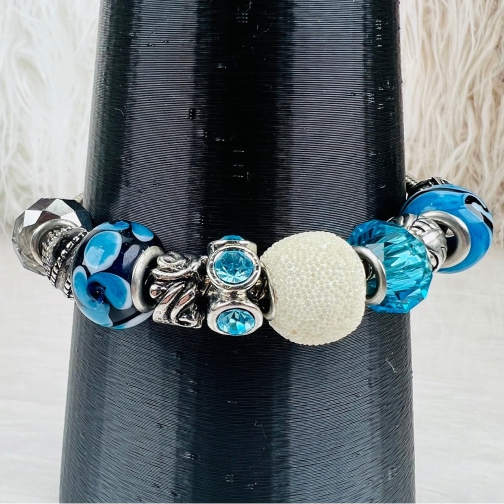 Pretty Aged Silvertone Blue Multi Charm Beaded Br… - image 1